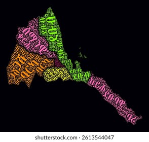 Eritrea Regions Word Clouds. Bright neon style design on dark background. Region names of the country in Tigrinya language. Country shape with administrative division. Amazing vector illustration.