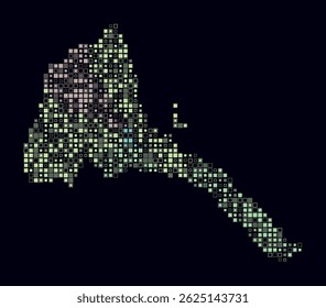 Eritrea, shape of the country built of colored cells. Digital style map of the Eritrea on dark background. Small size square blocks. Plain vector illustration.