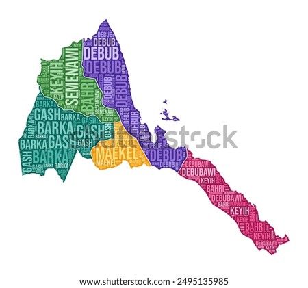 Eritrea shape. Country word cloud with region division. Eritrea colored illustration. Region names cloud. Vector illustration.