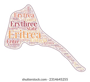 Eritrea shape filled with country name in many languages. Eritrea map in word cloud style. Stylish vector illustration.