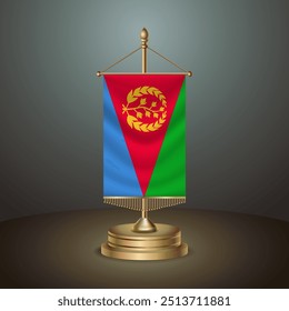 Eritrea Vertikale Tischfahne mit goldenem Pol auf dunklem Farbverlauf-Hintergrund, Vorlagenbanner, Vektor Illustration