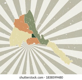 Eritrea vintage map. Grunge poster with map of the country in retro color palette. Shape of Eritrea with sunburst rays background. Vector illustration.