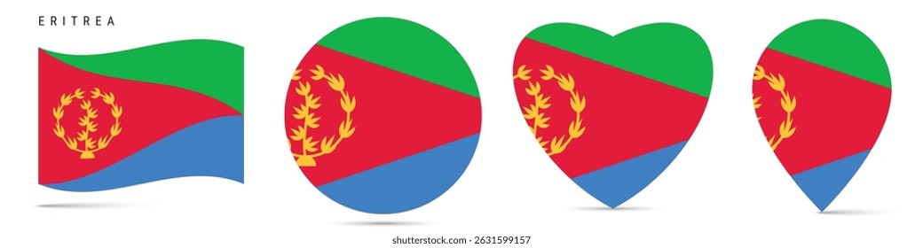 Eritrea waving flag, round circle sticker badge, heart shaped icon, map pin. Eritrean flag buttons of different shapes. Vector illustration isolated on white.