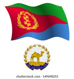 eritrea wavy flag and coat of arms against white background, vector art illustration, image contains transparency