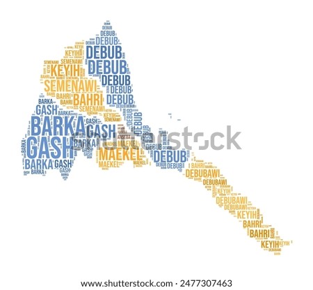 Eritrea Word Cloud. Country shape with region division. Eritrea typography style image. Region names tag clouds. Vector illustration.