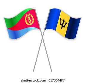Eritrean and Barbadian crossed flags. Eritrea combined with Barbados isolated on white. Language learning, international business or travel concept.