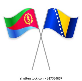 Eritrean and Bosnian crossed flags. Eritrea combined with Bosnia and Herzegovina isolated on white. Language learning, international business or travel concept.