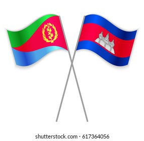 Eritrean and Cambodian crossed flags. Eritrea combined with Cambodia isolated on white. Language learning, international business or travel concept.