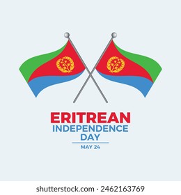 Eritrean Independence Day poster vector illustration. Two crossed Eritrean flags on a pole icon vector. Flag of Eritrea symbol. Template for background, banner, card. May 24 every year. Important day