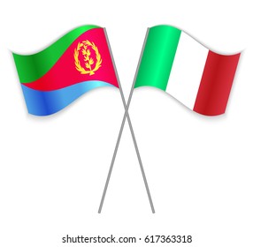 Eritrean and Italian crossed flags. Eritrea combined with Italy isolated on white. Language learning, international business or travel concept.