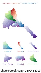 eritreische Low-Poly-Regionen. Polygonal Karte von Eritrea mit Regionen. Geometrische Karten für Ihr Design. Charmante Vektorgrafik.