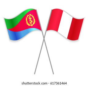 Eritrean and Peruvian crossed flags. Eritrea combined with Peru isolated on white. Language learning, international business or travel concept.