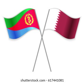 Eritrean and Qatari crossed flags. Eritrea combined with Qatar isolated on white. Language learning, international business or travel concept.