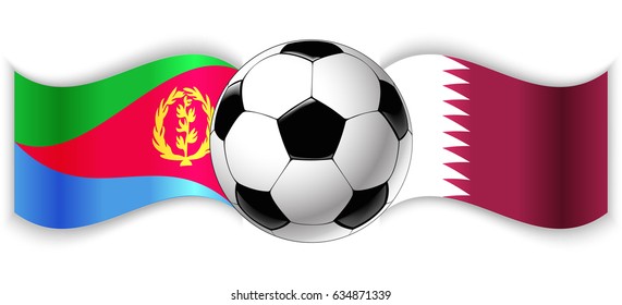 Eritrean and Qatari wavy flags with football ball. Eritrea combined with Qatar isolated on white. Football match or international sport competition concept.