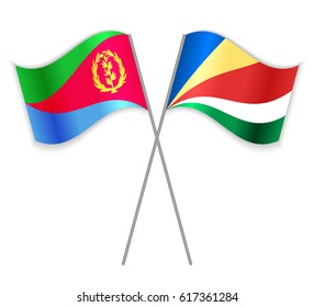 Eritrean and Seychellois crossed flags. Eritrea combined with Seychelles isolated on white. Language learning, international business or travel concept.