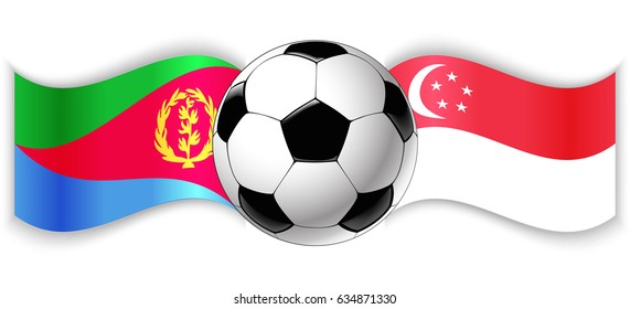 Eritrean and Singaporean wavy flags with football ball. Eritrea combined with Singapore isolated on white. Football match or international sport competition concept.