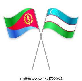 Eritrean and Uzbek crossed flags. Eritrea combined with Uzbekistan isolated on white. Language learning, international business or travel concept.