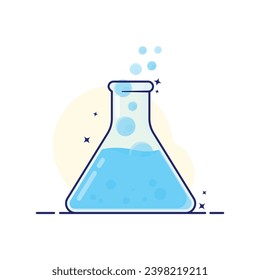  Erlenmayer flask bottle of labs science cute cartoon illustration, blue spell with floating bubble, good for science graphic resource, kids friendly and study isolated by white color