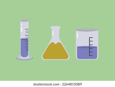 Erlenmeyer, beaker glass, laboratory measuring cup glass. Laboratory equipment. Flat style vector illustration. 