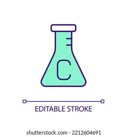 Erlenmeyer flask with carbon sample RGB color icon. Chemical tests. Toxic material in lab. Isolated vector illustration. Simple filled line drawing. Editable stroke. Arial font used