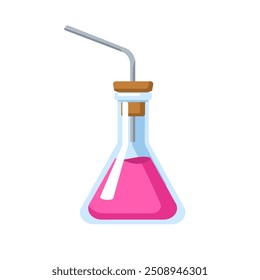 Erlenmeyer flask. Chemical laboratory glassware with bent tube and stopper. Glass container with lab liquid for chemistry, science test. Flat cartoon vector illustration isolated on white background