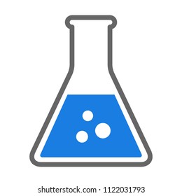 Erlenmeyer flask chemistry beaker with blue chemical flat vector icon for science apps and websites