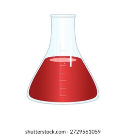 Um Erlenmeyer contendo um líquido vermelho, comumente usado em laboratórios científicos para experimentos de química e biologia.
