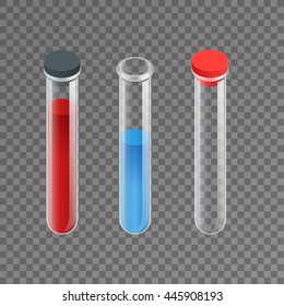 Erlenmeyer flask, distilling flask, volumetric flask, test tube on transparent background. Chemical lab equipment. Isometric 3d vector illustration