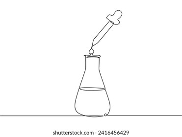 Matraz Erlenmeyer con pipeta goteante en un dibujo de una línea continua. Concepto médico de laboratorio de ciencias. Reacción química dibujada a mano.