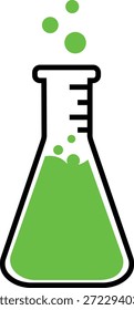 Ilustração vetorial do frasco de Erlenmeyer. Ícone científico minimalista com um copo de vidro preenchido com uma solução química verde vibrante, bolhas ascendentes e plumas de vapor branco isoladas no fundo branco. Gráficos profissionais para a marca de educação em CTEM, logotipos de laboratório e corte de vinil.