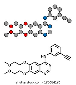 Erlotinib cancer drug, chemical structure. Conventional skeletal formula and stylized representation, showing atoms (except hydrogen) as color coded circles.