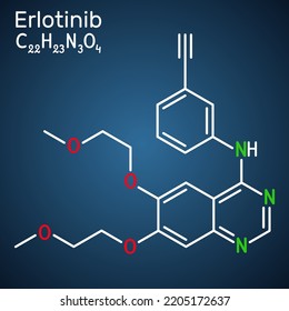 Erlotinib drug molecule. It is used to treat lung cancer, NSCLC and pancreatic cancer. Structural chemical formula on the dark blue background. Vector illustration