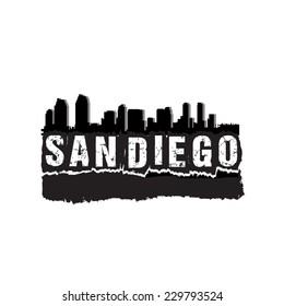 Eroded San Diego text with the city illustration behind