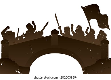 Siluetas rotas representando la histórica batalla del 7 de agosto sobre el puente colombiano de Boyaca.