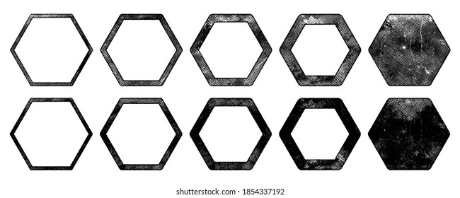 Eroded texture shapes. Hexagons with rough printed, halftone lines screen print texture. Variety of rough and subtle textures for stamp, callout, logo, icon backgrounds.