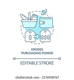 Erodes Purchasing Power Turquoise Concept Icon. Consumer Price Index. Inflation Abstract Idea Thin Line Illustration. Isolated Outline Drawing. Editable Stroke. Arial, Myriad Pro-Bold Fonts Used