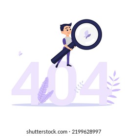 Eror 404 page concept with boy holding magnifying glass. Vector illustration