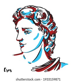 Retrato vectorial grabado en eros con contornos de tinta sobre fondo blanco. En la mitología griega, Eros es el dios griego del amor y el sexo.