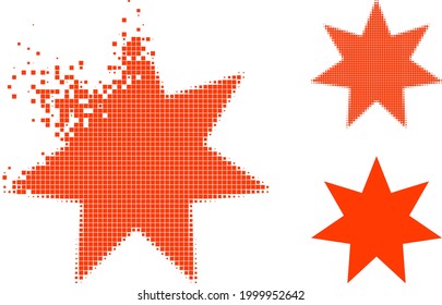 Erosion dot seven pointed star icon with halftone version. Vector wind effect for seven pointed star icon. Pixelated destruction effect for seven pointed star shows movement of virtual items.