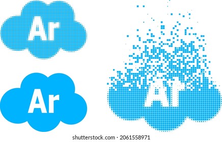 Erosion dotted argon cloud icon with halftone version. Vector wind effect for argon cloud pictogram. Pixelated destruction effect for argon cloud reproduces movement of virtual matter.