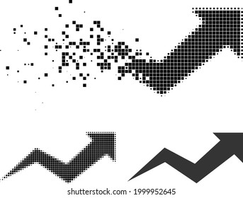 Erosion dotted growing arrow chart icon with halftone version. Vector destruction effect for growing arrow chart pictogram.