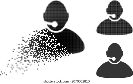 Erosion dotted operator icon with halftone version. Vector destruction effect for operator icon. Pixelated destruction effect for operator gives movement of cyberspace concepts.