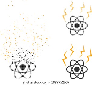 Erosion pixelated atomic emission icon with halftone version. Vector wind effect for atomic emission icon. Pixel dissolving effect for atomic emission reproduces motion of cyberspace things.