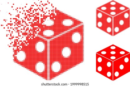 Erosion pixelated dice cube icon with halftone version. Vector wind effect for dice cube icon. Pixelated dematerialization effect for dice cube reproduces motion of virtual objects.