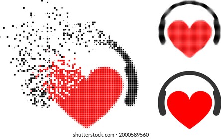 Erosion pixelated love dj icon with halftone version. Vector wind effect for love dj icon. Pixelated disappearing effect for love dj gives movement of virtual concepts.