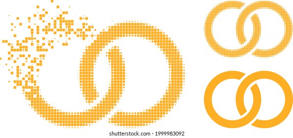 Erosion pixelated marriage rings pictogram with halftone version. Vector destruction effect for marriage rings icon.