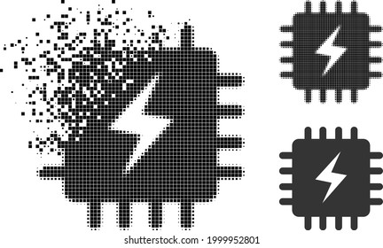 Erosion pixelated power chip icon with halftone version. Vector wind effect for power chip symbol. Pixelated mist effect for power chip gives movement of virtual items.