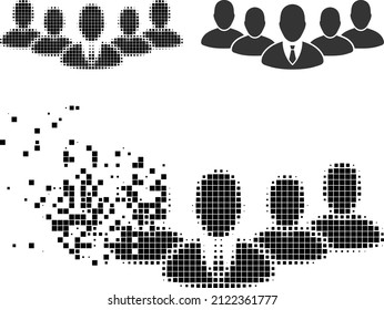 Erosion pixelated team boss icon with halftone version. Vector destruction effect for team boss pictogram. Pixelated dust effect for team boss shows movement of virtual matter.