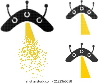 Erosion pixelated UFO icon with halftone version. Vector wind effect for UFO icon. Pixel disintegrating effect for UFO shows movement of virtual world.