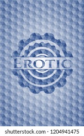 Erotic blue emblem with geometric background.